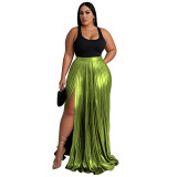 Women's Chic Solid High-Waist Pleated Slit Maxi Skirt