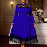 Plus Size Women's Blue Lace Patchwork Long Sleeve Elegant Chic Slim Waist Midi Dress