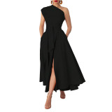 Summer Women's Fashion Sleeveless Slash Neck Solid Slim Waist A-line Dress