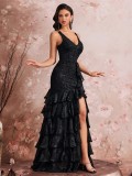 Women's Long Elegant Slash Neck Chic Evening Gown Luxurious Slit Bridesmaid Graduation Cascading Ruffles Dress