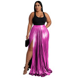 Women's Chic Solid High-Waist Pleated Slit Maxi Skirt