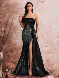Women's Elegant Sequin Patchwork Strapless Off-Shoulder Evening Dress Bridesmaid Gown