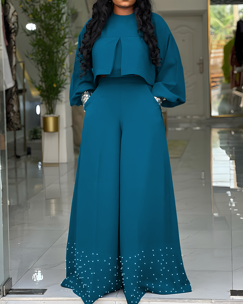 Women's Fashion Puff Sleeve Crop Top + Pearl Embellishments Wide-Leg Pants Set
