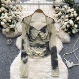 Women's Tie-Dye Mesh Long Sleeve T-Shirt Thin See-Through Chic Ruffle Top