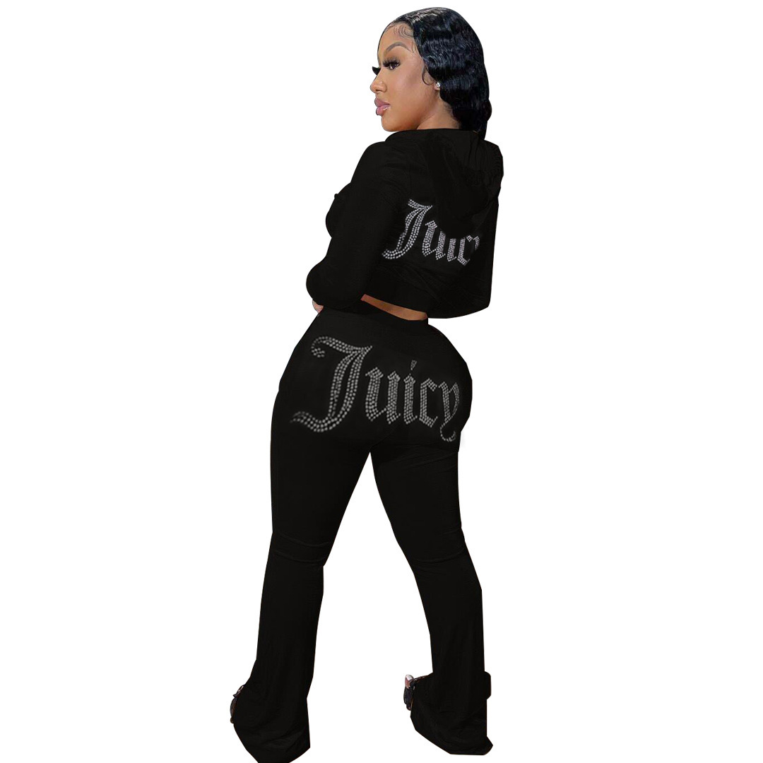 Autumn/Winter Women's Velvet Beaded Letter Casual Tracksuit Set