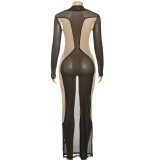 Autumn Women's Fashion Sexy Mesh See-Through Color-Blocked High-Waist Bodycon Dress