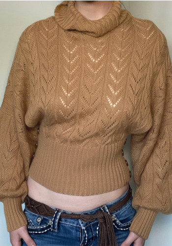 Women's Retro Solid High-Neck Cut-Out Bat Sleeve Slim Waist Knit Top