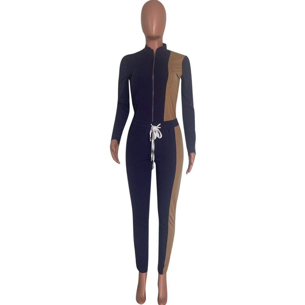 Autumn/Winter Women's Color-Blocked Zip-Up Top & Long Pants Two-Piece Set