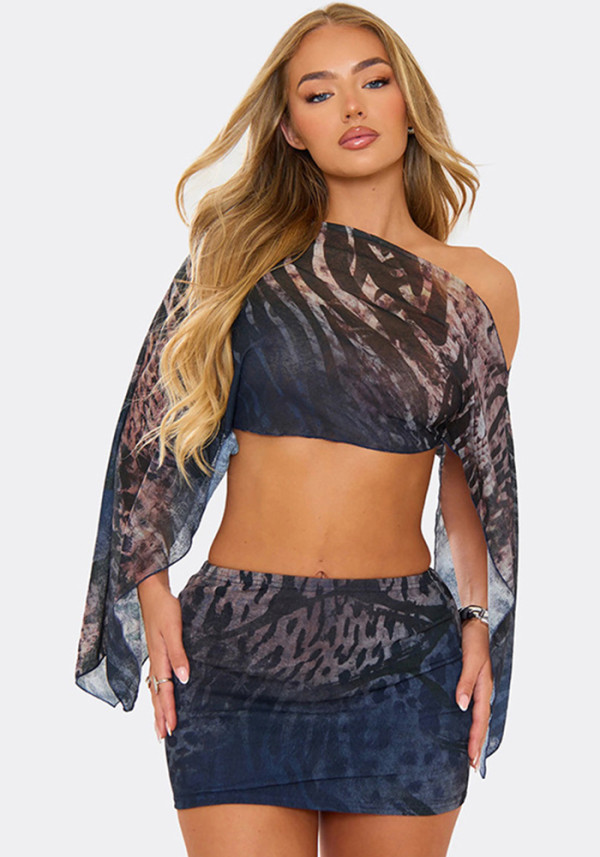 Women's Leopard Print Mesh Slash-Shoulder Long Sleeve Top + Tight-Fitting Short Skirt Two-Piece Set