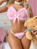 Women's Pink Mesh Plush Lingerie Set Sweet See-Through Teddy Bra & G-String