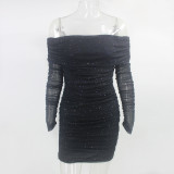 Women's Sexy Off-Shoulder Ruffled Bodycon Evening Dress Short Sleeveless Long Gown