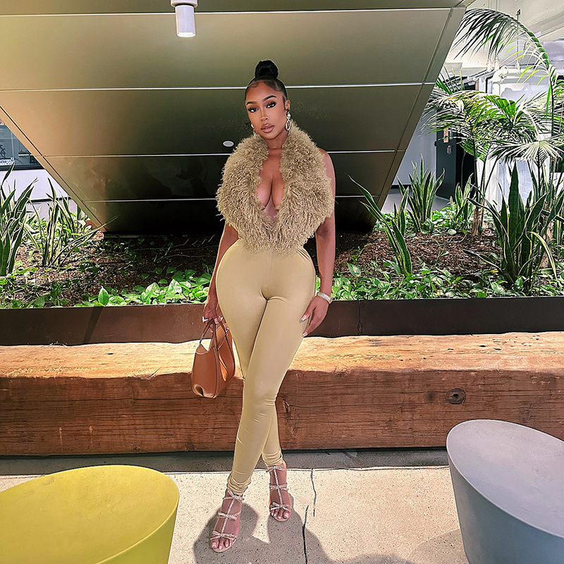 Women's Plush Halter Neck Deep Low Back Lace-Up Tight-Fitting Pants Set