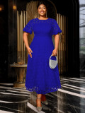 Plus Size Women's Blue Round Neck Lace Cut-Out Short Sleeve Elegant Chic Slim Waist Midi Dress