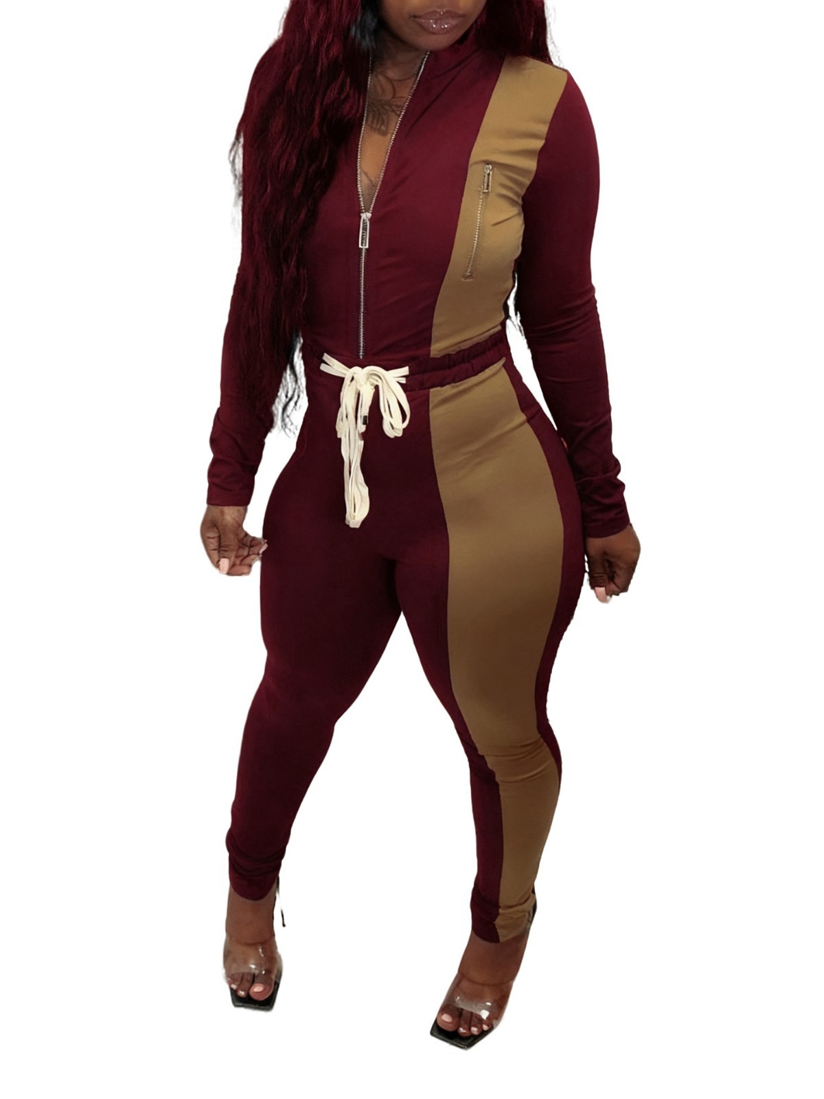 Autumn/Winter Women's Color-Blocked Zip-Up Top & Long Pants Two-Piece Set