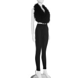 Women's Plush Halter Neck Deep Low Back Lace-Up Tight-Fitting Pants Set