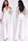 Women's Lace Patchwork Long Sleeve Casual Wide-Leg Jumpsuit
