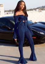 Women's Metallic Elastic Bow Lace-Up Sexy Top + Bell Bottom Pants Two-Piece Set