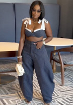 Autumn Women's Fashion Sexy Patchwork Bow-Strap Open Waist Wide-Leg Pants Set