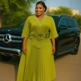 Women's African Pleated Plus Size Fashion Casual Loose Rhinestone Top & Skirt Two-Piece Set