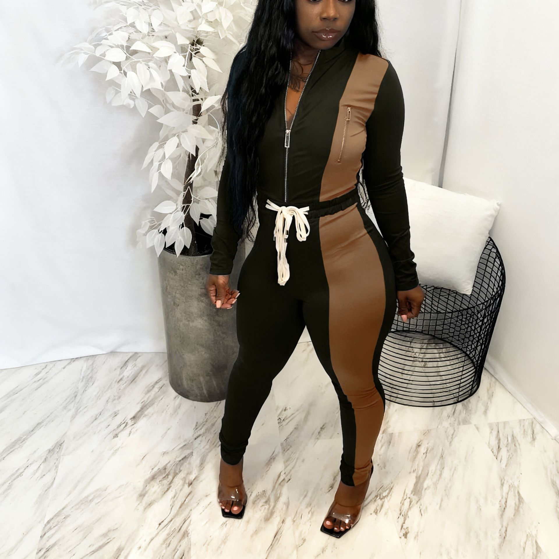 Autumn/Winter Women's Color-Blocked Zip-Up Top & Long Pants Two-Piece Set