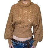 Women's Retro Solid High-Neck Cut-Out Bat Sleeve Slim Waist Knit Top