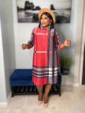 Women's African Single-Breast Plus Size Fashion Plaid British Chic Shirt Dress