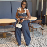 Autumn Women's Fashion Sexy Patchwork Bow-Strap Open Waist Wide-Leg Pants Set