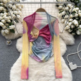 Women's Tie-Dye Mesh Long Sleeve T-Shirt Thin See-Through Chic Ruffle Top