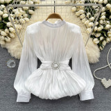 Women's Slim Waist Lace-Up Detail & Ruffle Shirt