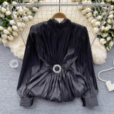 Women's Slim Waist Lace-Up Detail & Ruffle Shirt