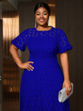 Plus Size Women's Blue Round Neck Lace Cut-Out Short Sleeve Elegant Chic Slim Waist Midi Dress