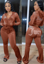 Autumn/Winter Women's Velvet Beaded Letter Casual Tracksuit Set