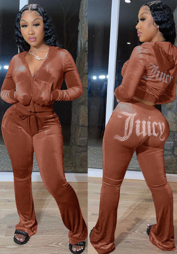 Autumn/Winter Women's Velvet Beaded Letter Casual Tracksuit Set