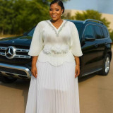 Women's African Pleated Plus Size Fashion Casual Loose Rhinestone Top & Skirt Two-Piece Set