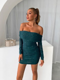 Women's Sexy Off-Shoulder Ruffled Bodycon Evening Dress Short Sleeveless Long Gown