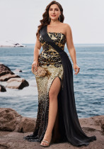 Plus Size Women's Elegant Sequin Patchwork Slash Neck Slit Evening Dress Mother of the Bride Gown