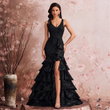 Women's Long Elegant Slash Neck Chic Evening Gown Luxurious Slit Bridesmaid Graduation Cascading Ruffles Dress