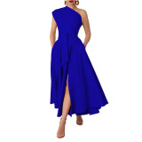 Summer Women's Fashion Sleeveless Slash Neck Solid Slim Waist A-line Dress