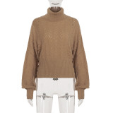 Women's Retro Solid High-Neck Cut-Out Bat Sleeve Slim Waist Knit Top