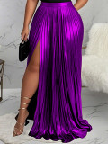 Women's Chic Solid High-Waist Pleated Slit Maxi Skirt