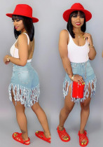 Women's Ripped Fringe Denim Shorts Casual Straight-Leg Jeans