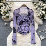 Women's Tie-Dye Mesh Long Sleeve T-Shirt Thin See-Through Chic Ruffle Top