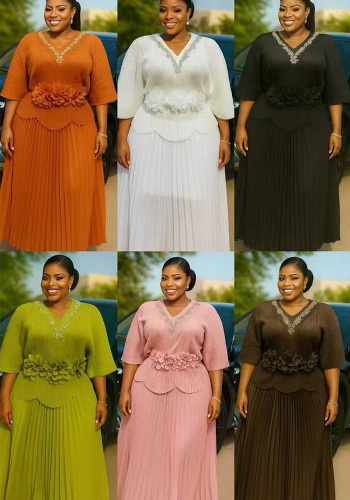 Women's African Pleated Plus Size Fashion Casual Loose Rhinestone Top & Skirt Two-Piece Set
