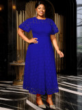 Plus Size Women's Blue Round Neck Lace Cut-Out Short Sleeve Elegant Chic Slim Waist Midi Dress