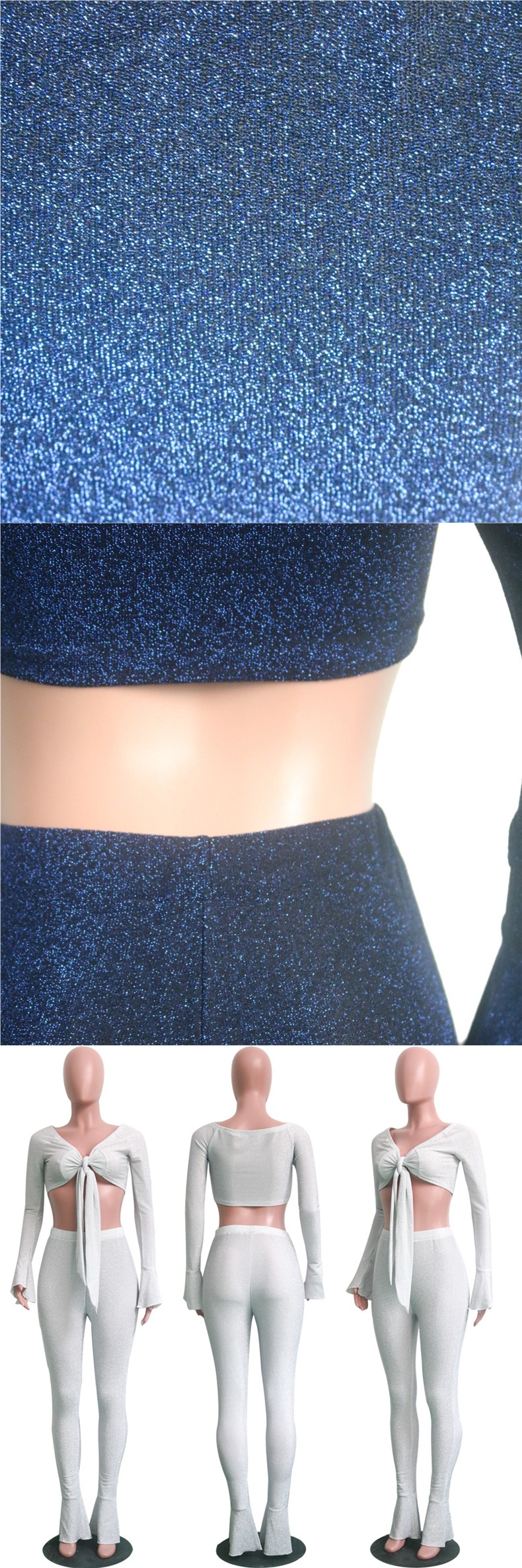 Women's Metallic Elastic Bow Lace-Up Sexy Top + Bell Bottom Pants Two-Piece Set