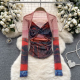 Women's Tie-Dye Mesh Long Sleeve T-Shirt Thin See-Through Chic Ruffle Top