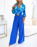 Women's Cross V-Neck Lantern Sleeve Top + Buckle Elastic Waist Wide-Leg Pants Set