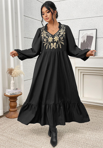 Plus Size Women's Floral Print High-Waist Slim Fit Black Ruffle Dress