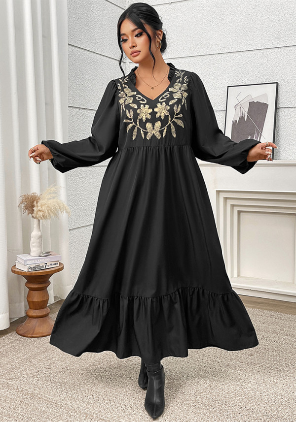 Plus Size Women's Floral Print High-Waist Slim Fit Black Ruffle Dress