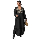 Plus Size Women's Floral Print High-Waist Slim Fit Black Ruffle Dress